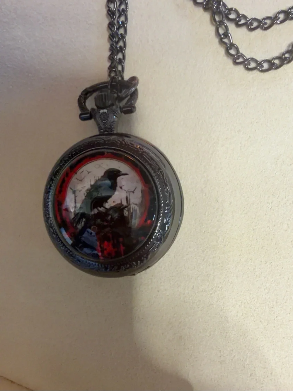 Raven Pocket Watch Necklace Gothic Quartz Black Chain Steampunk Edgar Allan Poe